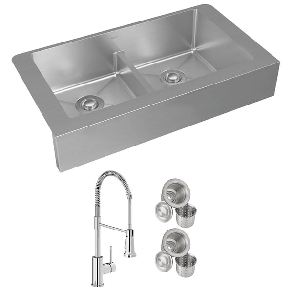 Elkay 18 Gauge SS 35-7/8" x 20-1/4" x 9" Equal Dbl Bowl Farmhouse Sink and Faucet Kit w/ Aqua Divide and Drain ECTRUFA32179FCC - main